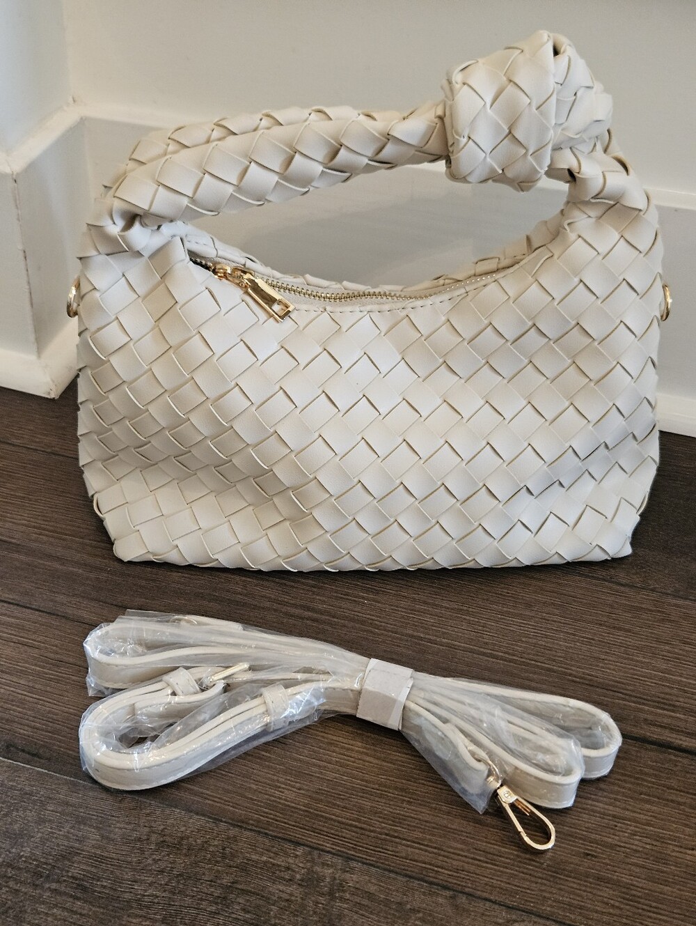 NEW Woven Knot Handle Hobo Bag | Cream Ivory Vegan Leather + Crossbody Strap